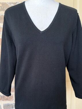 Lauren Ralph Lauren Black V Neck Cotton Knit Sweater Stretch Timeless Classic